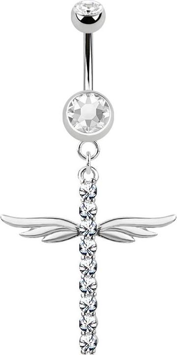 Produktbild Star Piercing Banane silber mit Anhänger Kreuz mit Flügel und Kristallen (Chirurgenstahl 316L, Messing)