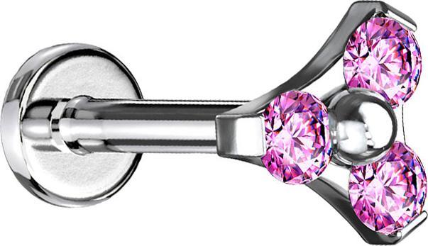 Star Piercing Micro Labret Innengewinde silber Dreieck drei Kristalle pink (Chirurgenstahl 316L, ohne Messing)