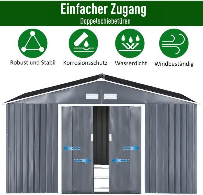 Produktbild Swisshandel24 Gerätehaus mit Fundament Geräteschuppen Gartenhaus Garten Schuppen Metall Kohlegrau 340 x 386 x 200