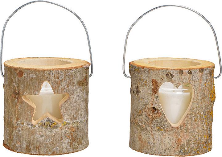 Produktbild G. Wurm Latern, Herz, Stern Dekor, mit Glas, Kerze Glas 6,5x8,3cm, Kerze 4,5x5cm aus Holz Braun, 2-fach, (B/