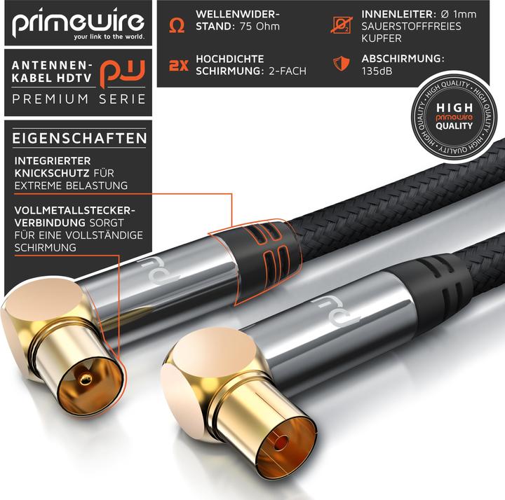 Immagine prodotto Primewire Cavo antenna HDTV angolato con intreccio, cavo coassiale premium 135dB / 75 Ohm, cavo TV, 4K HDTV (135 dB, Cavi antenna)