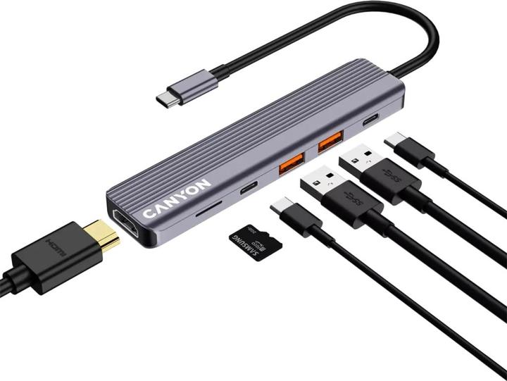 Produktbild Canyon USB-6-in1 HUB USB-C > HDMI/2xUSB-A/SD/1xUSB-C 100W retail (USB-C, 6 Ports)