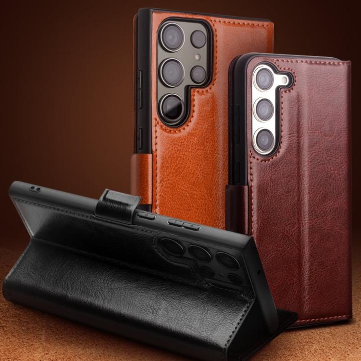 Image du produit QiAlino Fourre Flip cuir véritable avec fermeture magnétique foncé (Samsung Galaxy S24)