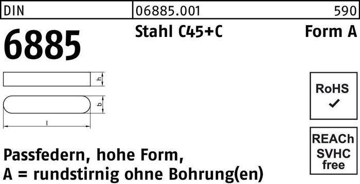 Produktbild Passfeder DIN 6885 Form A rundstirnig/o.Bohrung A 25 x 14 x125 Stahl C45+C