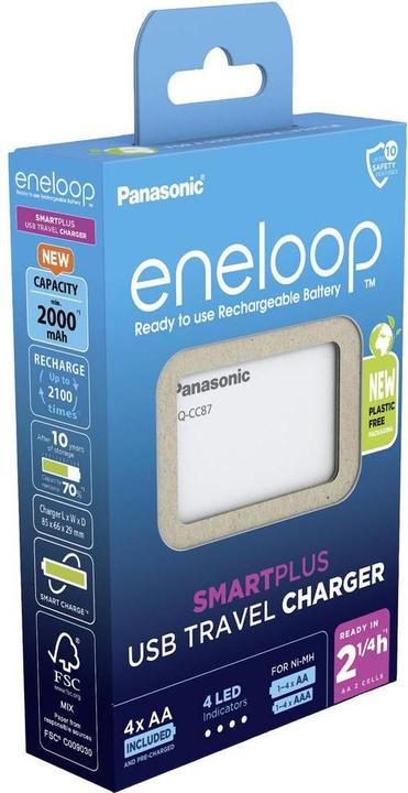 Immagine prodotto Panasonic caricatore da viaggio USB eneloop Smart Plus BQ-CC87 (4 pz., AA, AAA, 2000 mAh, Batteria + Caricabatterie)