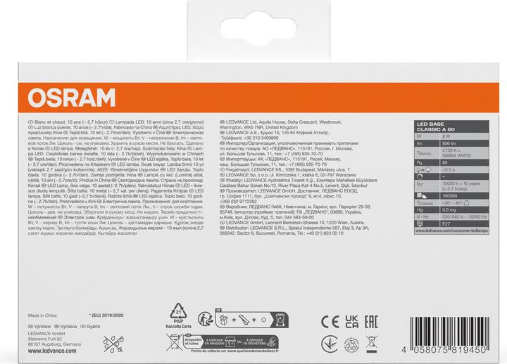 Actual product image Osram Led Base Classic A (E27, 9 W, 806 lm, 4 x, F)