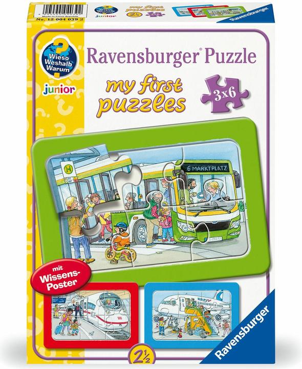 Produktbild Ravensburger Kinderpuzzle - 12004039 Unterwegs mit Bus, Bahn und Flugzeug - my first puzzle mit 3x6 (18 Teile)
