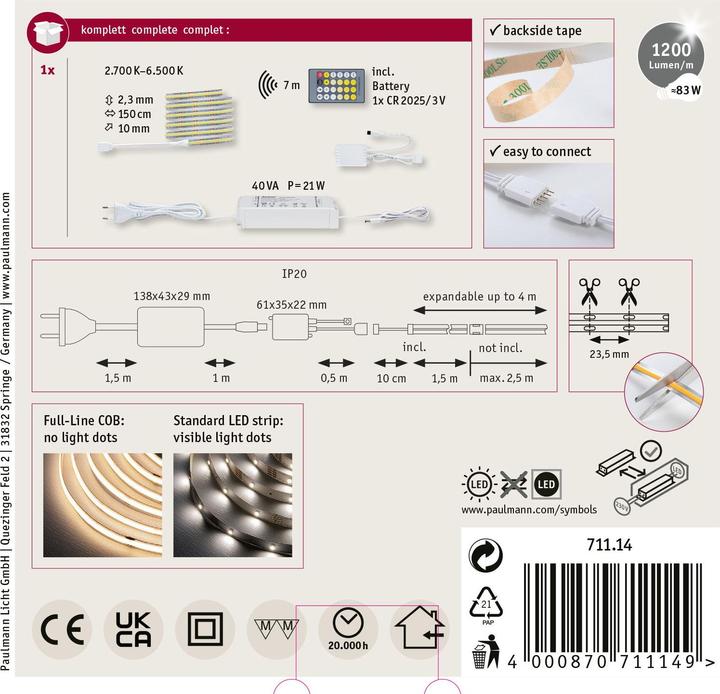 Immagine prodotto Paulmann MaxLED 1000 Set di strisce COB a linea intera (Bianco, 150 cm, Interno)