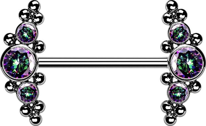 Star Piercing Threadless Barbell silber front mittig mit Kugeln und drei Kristalle dunkel multicolor (ohne Messing, Titan G23)