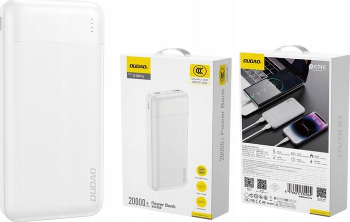 Actual product image Dudao Powerbank K18 Pro 20000mAh USB-A / USB-C / Micro USB - white (20000 mAh, 10 W)