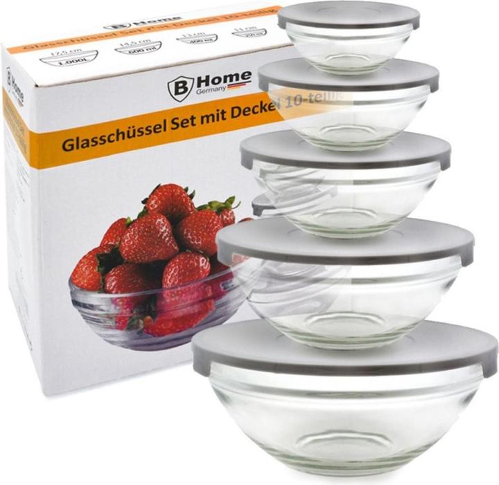 Immagine prodotto B-Home Set di 5 ciotole in vetro con coperchio (1600.20 cm, 1 l, 5 x)