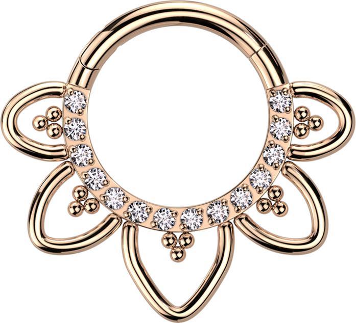 Star Piercing Micro Segmentring klappbar rosegold front Kristalle silber filigrane Herzen (Titan G23)