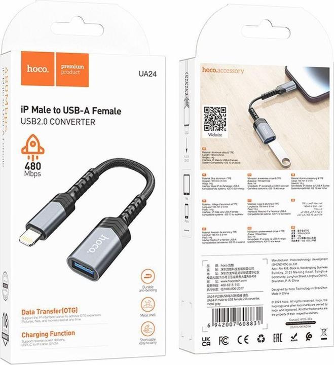 Actual product image Hoco Cable adapter iPhone Lightning 8-pin (male) to USB (female) 3.0 UA24 black (USB 3.0)