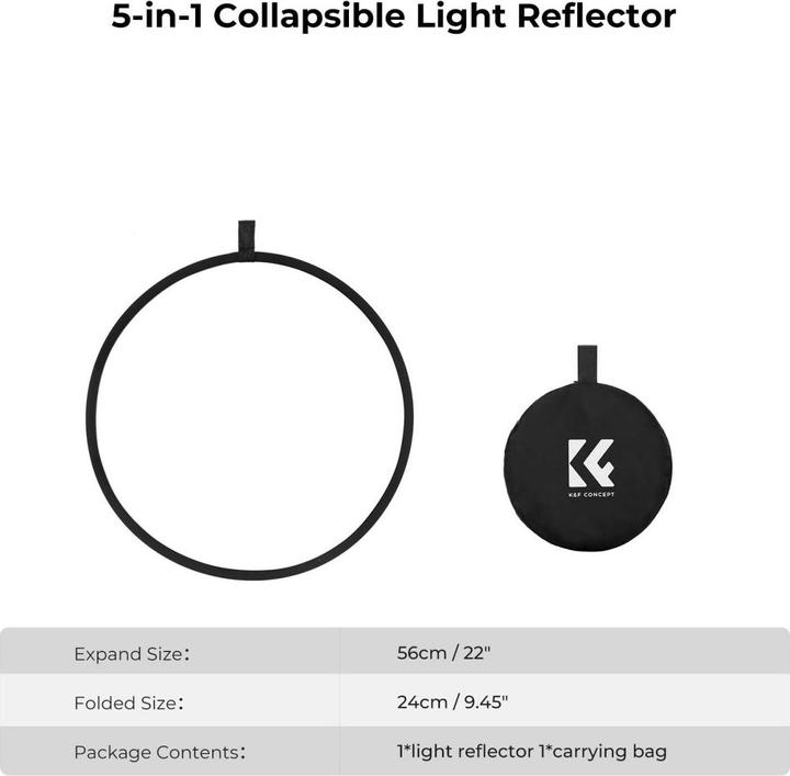 Actual product image K&F Concept 5 in 1 Circular Photography Reflector 56cm Gold Sliver Black White Translucent Panel Five Ligth Effe