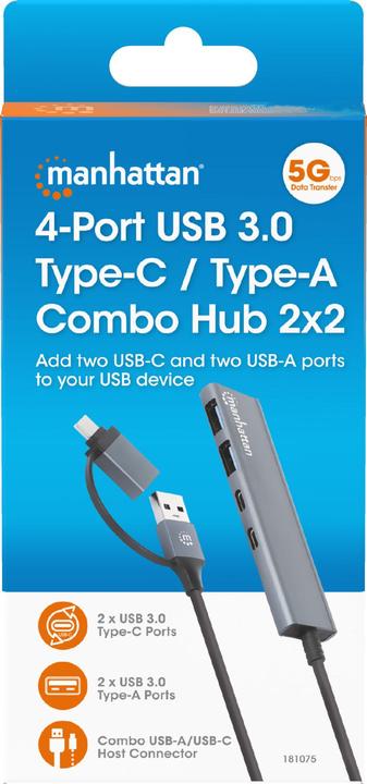 Produktbild Manhattan 4-Port USB 3.0 Typ-C / Typ-A Kombo-Hub 2x2 (USB-C, 4 Ports)