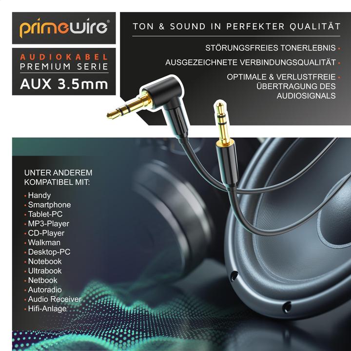 Produktbild Primewire AUX zu 3,5mm Klinke Audio Kabel 90° gewinkelt, HiFi Klinkenkabel Verbindungskabel für Audiogeräte (2 m, 3.5mm Klinke (AUX))