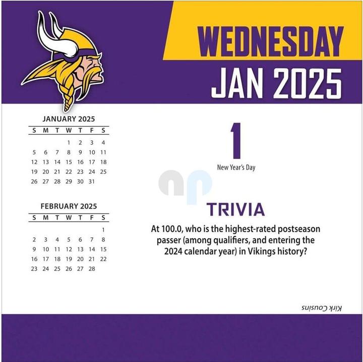 Immagine prodotto NFL - Minnesota Vikings -Calendario da tavolo 2025 (Francese, Spagnolo, Italiano, Inglese, Tedesco)