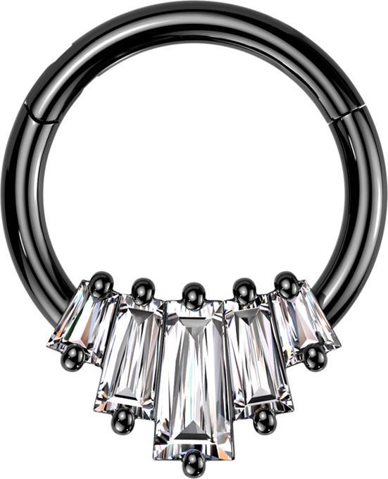 Star Piercing Micro Segmentring klappbar schwarz fünf Kristalle Baguette (Chirurgenstahl 316L, Messing)