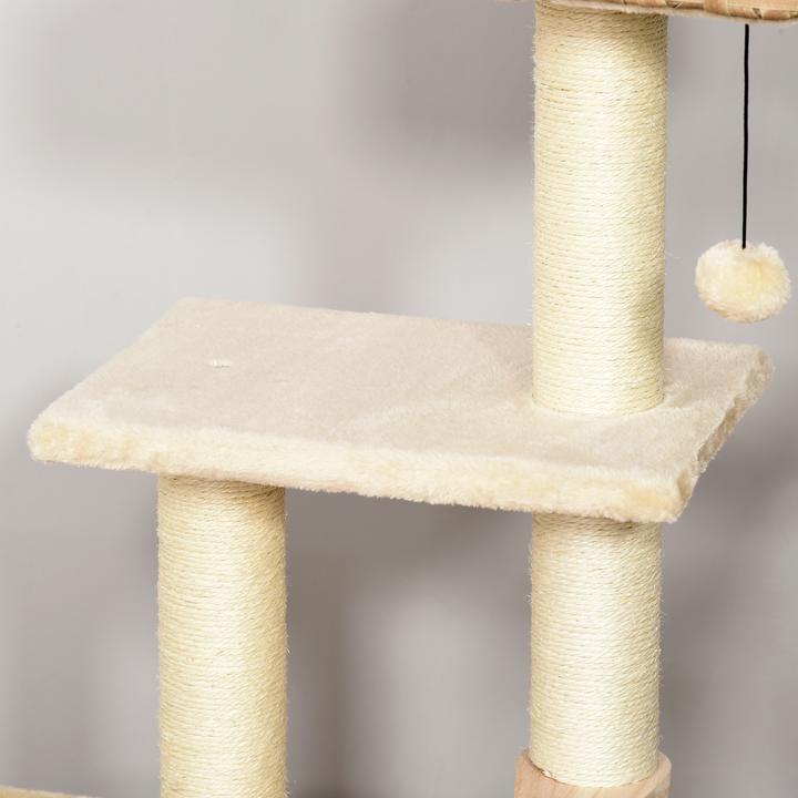 Produktbild PawHut Kratzbaum mit Rattanhöhle (109 cm, Braun, Beige)