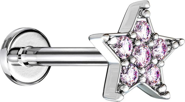 Star Piercing Micro Labret Innengewinde silber Stern Kristall pink (Messing, Chirurgenstahl 316L)