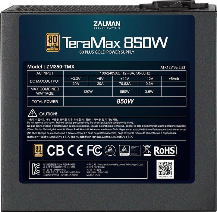 Produktbild Zalman ZM850-TMX TerraMax 80 PLUS GOLD PSU 850W/Full-modular 99.9% Active PFC/Single (850 W)