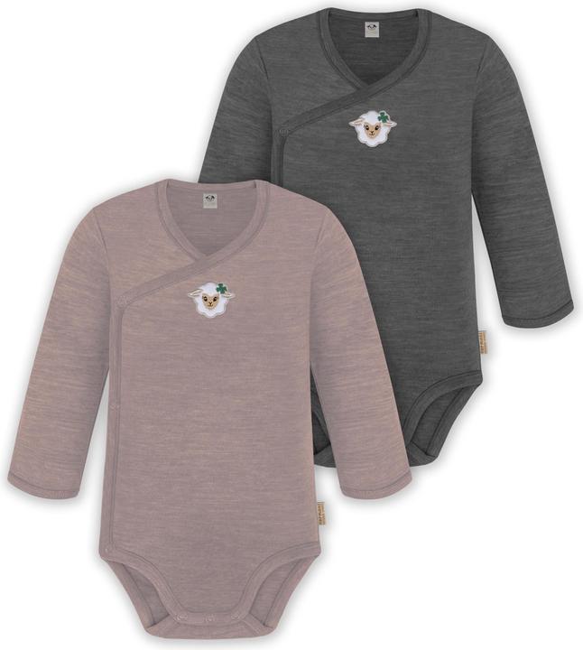 Normani 2er Set Unisex Baby Wickelbody Langarm-Strampler Einteiler aus Merinowolle - 9351