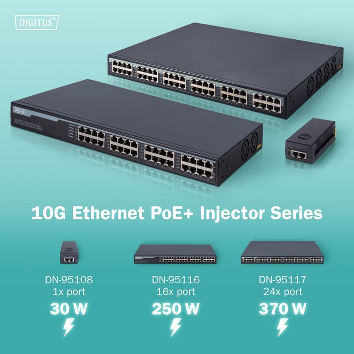 Actual product image Digitus 24 port gigabit PoE+ injector (802.3af (PoE), 802.3at (PoE+), 370 W)