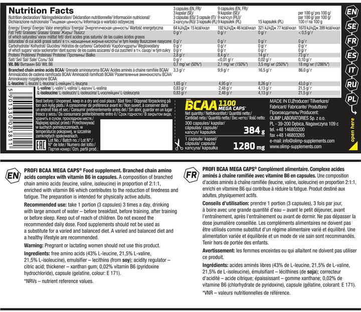 Nutritional values and ingredients Olimp Sport Nutrition Professional BCAA Mega Caps (120 Caps, 132g) (120 Piece, Capsules, 132 g)