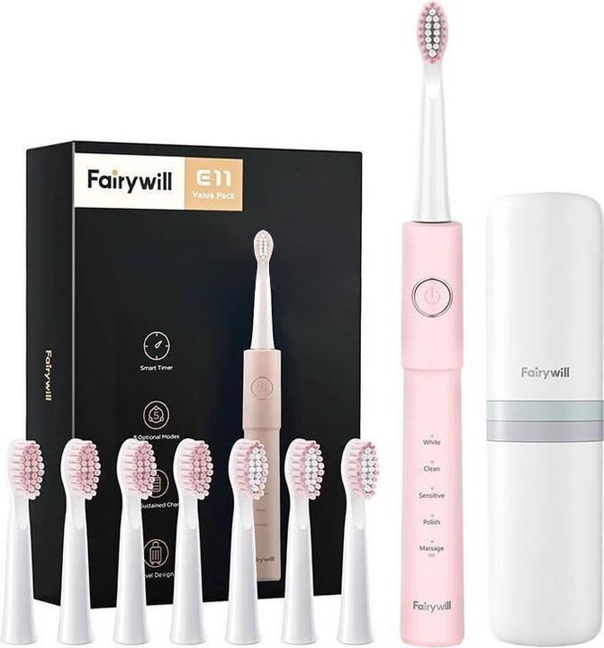 Fairywill Spazzolino sonico con set di testine e custodia FW-E11 (rosa) (Spazzolino sonico)