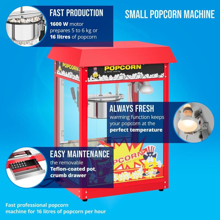 Actual product image Royal Catering Small Popcorn Machine - 1600 W, stainless steel, tempered glass and Teflon