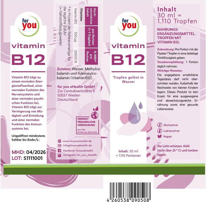 Nährwerte und Zutaten For You Vitamin B12 flüssig (1 Stück, Flüssigkeit)