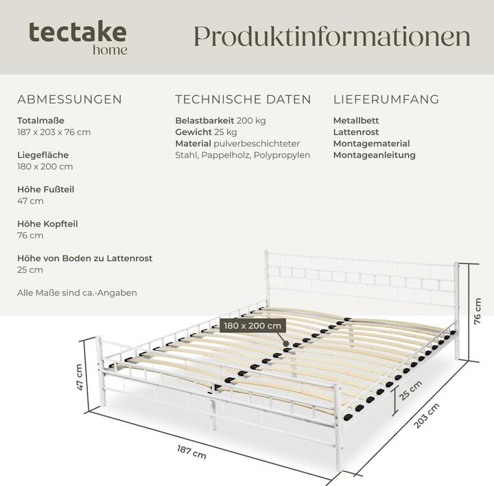 Produktbild tectake Metallbett (200 x 180 cm)