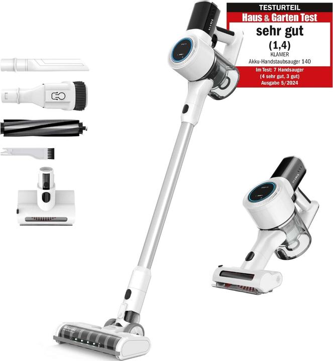 Produktbild KLAMER Akkustaubsauger, 420 Watt, 2 Akkus und mit verschiedenen Aufsätzen