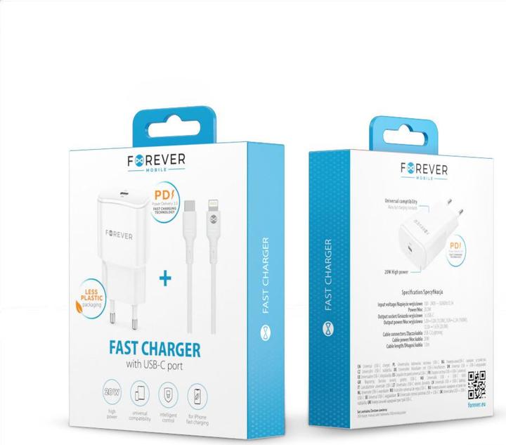 Actual product image Forever TC-01-20AC PD QC charger 1x USB-C 1x USB 20W white + USB-C - Lightning cable 20W (20 W)