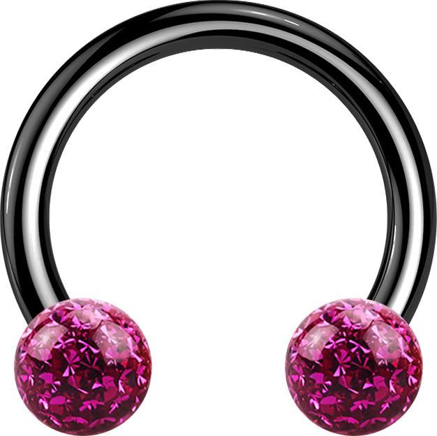 Star Piercing Circular Barbell schwarz mit zwei Kristall Kugeln fuchsia Epoxy Schutzschicht (ohne Messing, Titan G23)