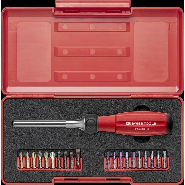 Productafbeelding PB Swiss Tools Ratelset R100 (SL 2, SL4, SL5, PZ2, HX 2.5, HX 4, TX20, PZ1, SL3, TX30, TX25, HX 5, TX15, HX 3, TX10, PH1, PH3, PZ3, PH2, HX 6)