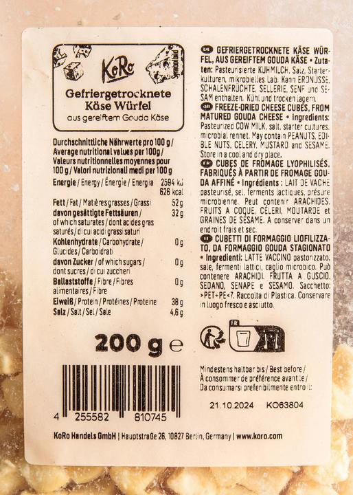 Valeurs nutritives et ingrédients KoRo Cubes de fromage lyophilisés, fabriqués à partir de fromage Gouda affiné (200 g)
