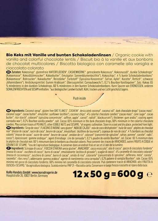 Valori nutrizionali e ingredienti KoRo Biscotto biologico con vaniglia e lenticchie colorate al cioccolato (1 pz., 600 g)