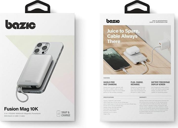 Actual product image Energea PowerBank Bazic Fusion Mag 10000mAh MagSafe Cable USB-C grey