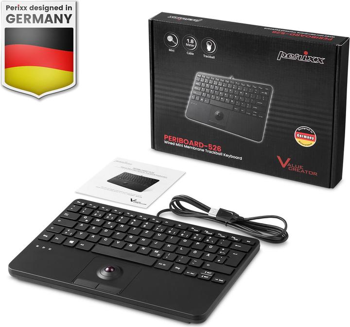 Produktbild Perixx PERIBOARD-526 H DE, Kabelgebundene Mini-USB-Tastatur mit Trackball - Scherentasten - 2 USB-Hu (DE, Kabelgebunden)