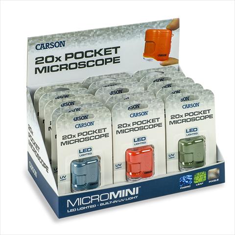 Produktbild Carson Taschenmikroskop MicroMini 20x mit UV und LED, 15 Stück Display