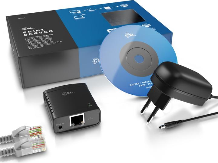 Produktbild CSL LAN Printserver, USB Druckerserver, Netzteil, Fast Ethernet, für PC Windows Vista, XP, 7/8/8.1/10/11