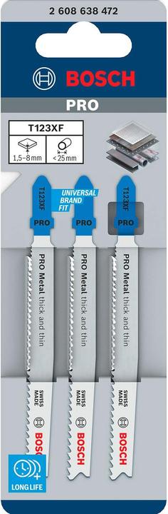 Image du produit Bosch Professional Zubehör Lame de scie sauteuse PRO Metal thick and thin T123XF, 100 mm, 3 pcs.