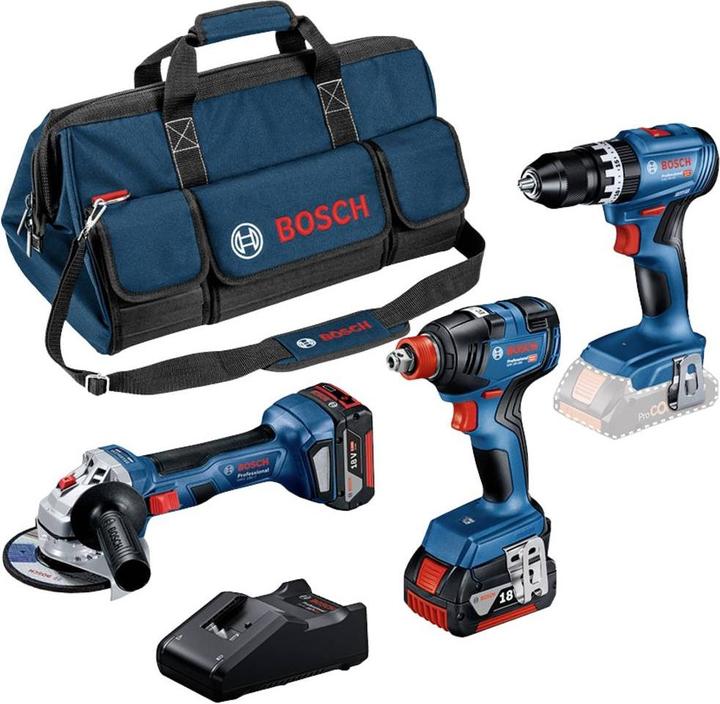 Bosch Professional Kit combinato con 3 utensili da 18V: GSB 18V-45, GDX 18V-200, GWS 18V-7, 2x 5.0Ah