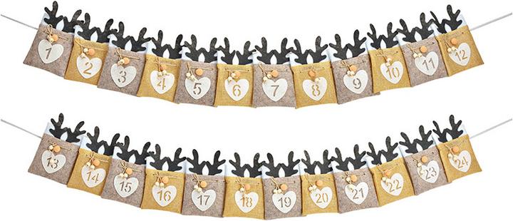 G. Wurm Adventskalender aus Textil beige (B/H) 300x16cm, Hirschkopf Tasche 10x16cm