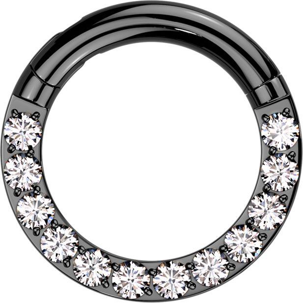 Star Piercing Segmentring klappbar schwarz front Kristalle silber (Titan G23, ohne Messing)