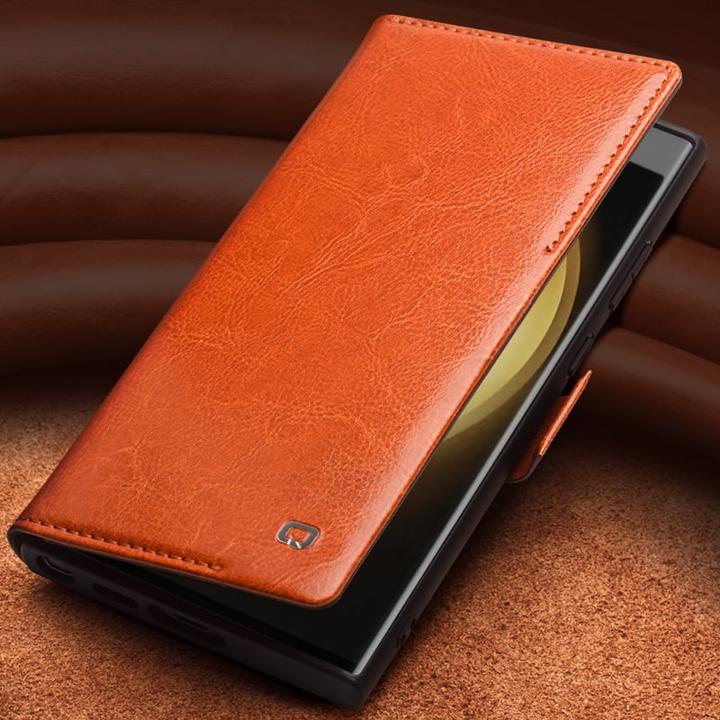 Image du produit QiAlino Fourre Flip cuir véritable avec fermeture magnétique foncé (Samsung Galaxy S24)