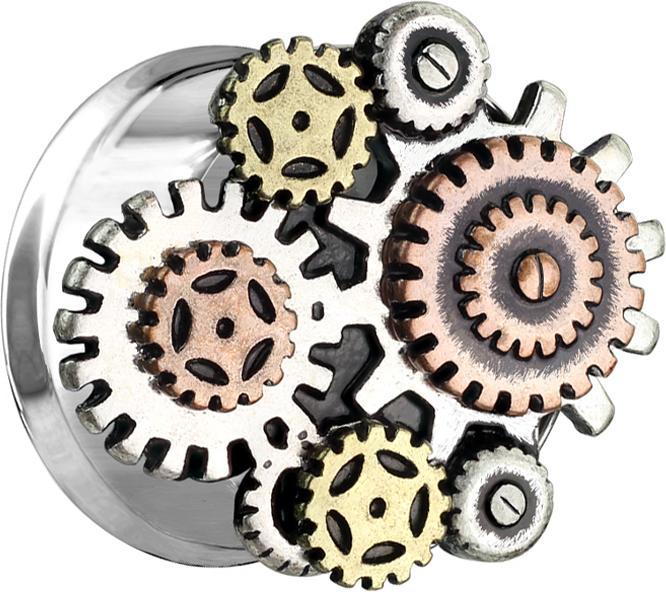 Star Piercing Flared Tunnel silber Steampunk Getriebe (Messing, Chirurgenstahl 316L)