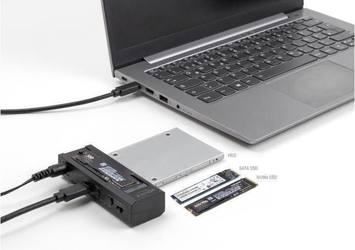 Actual product image Delock USB Type-C converter for 1 x M.2 NVMe SSD + 1 x SATA SSD / HDD with clone function