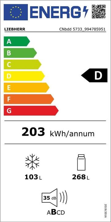 Energy Label Liebherr Fridge-freezer free-standing Plus CNbdd 5733 Front BlackSteel and black (371 l)